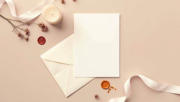 An open envelope with a white card and a candle photo