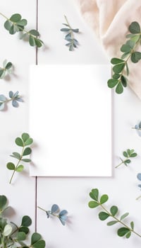 Blank white card with eucalyptus leaves on white table top view photo