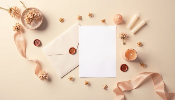 Blank paper, envelope, candles and ribbon on beige background photo