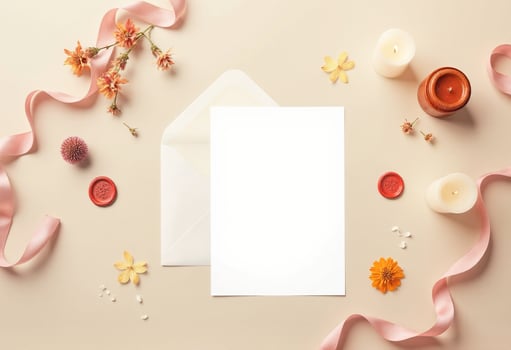 Blank white envelope with flowers and candles on a beige background photo