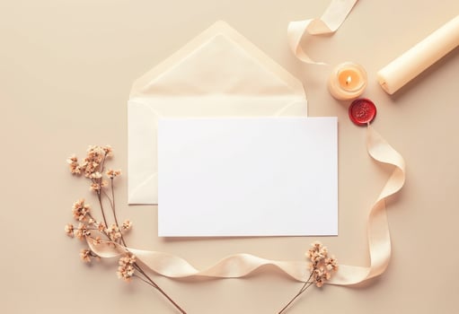 An envelope, paper, and a candle on a beige background photo