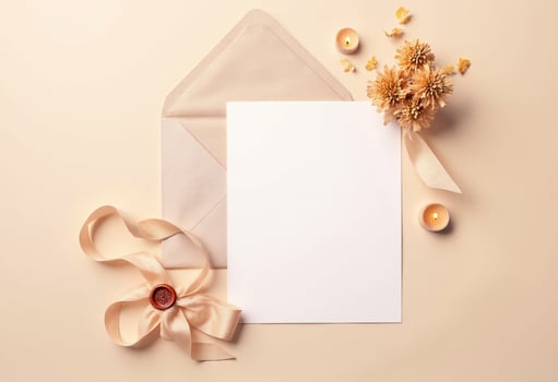 Blank paper, envelope and flowers on beige background photo