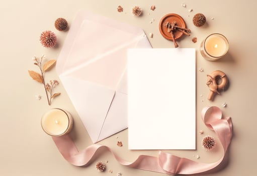 Blank white envelope with candles and other decorations on a beige background photo