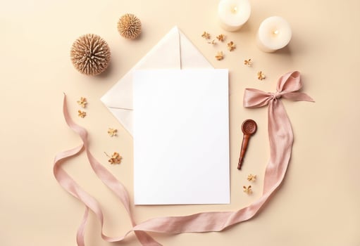 Blank white paper with pink ribbon and candles on a beige background photo