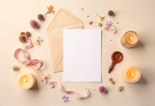Blank paper, candle, flowers and ribbon on beige background photo