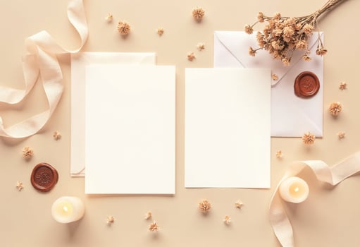 Blank white paper with envelope and candles on beige background photo