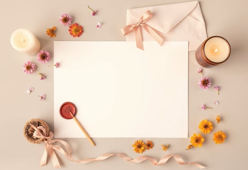 Blank paper with flowers and candles on a light background photo