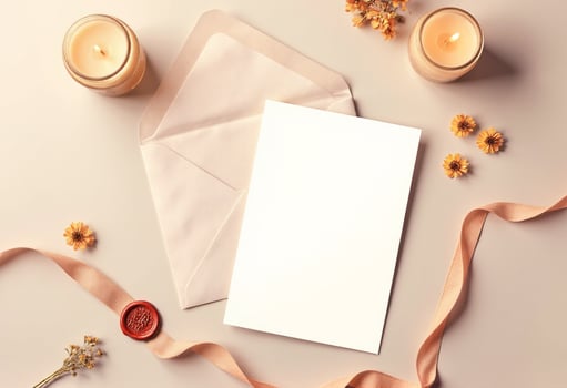 Blank card with flowers and candles on a light background photo