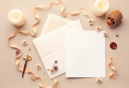 An open letter with a blank sheet of paper, candles and flowers photo