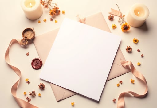 Blank paper, envelope and candles on white background photo