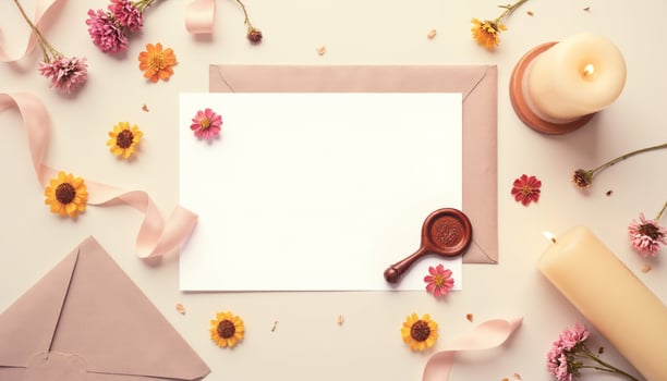 Blank paper, flowers, candles and wax seal on white background photo