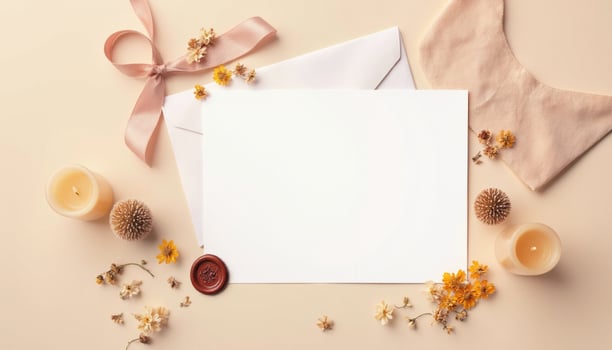 Blank paper with wax seal, flowers and candles on beige background photo