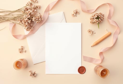 Blank paper, envelope, flowers and candles on beige background photo