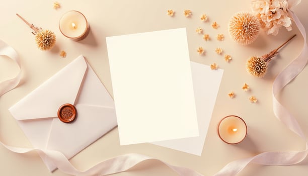 An open envelope with a note, candles and a ribbon photo