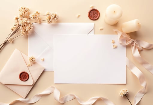 Wedding invitation with envelope, candle and ribbon on beige background photo