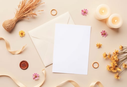 Blank paper, envelope, flowers, candles and ribbon on beige background photo