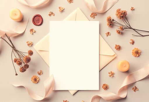 Blank white envelope with flowers and candles on a light background photo