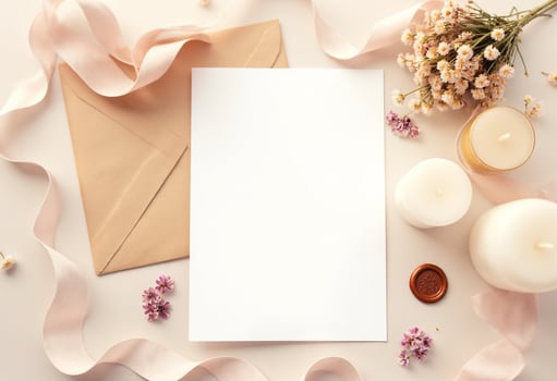 Blank paper, envelope, flowers and candles on a light background photo