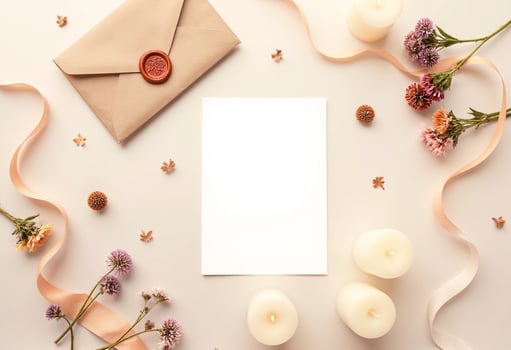 Blank card with flowers and candles on a white background photo