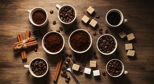 Arrangement of Coffee Beans, Sugar, Cinnamon on Wood photo