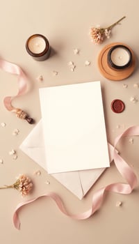 Blank white envelope with pink ribbon and flowers on a beige background photo