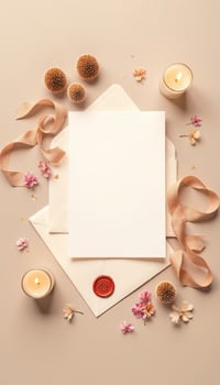 Blank paper with wax seal, candles and flowers on a beige background photo