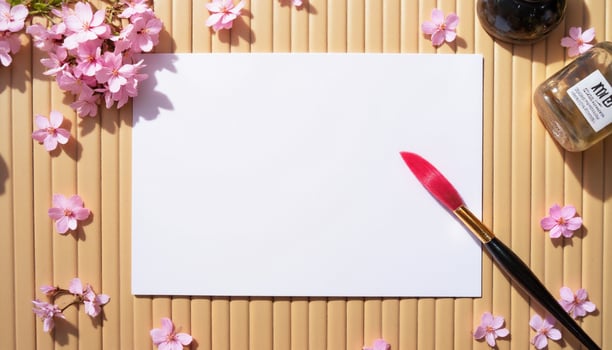 A blank sheet of paper, a paint brush and a bottle of ink on a wooden background photo