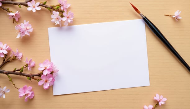 A blank note with a cherry blossom branch on a wooden table top view photo