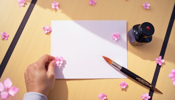 A person is holding a pen and a piece of paper with pink flowers photo