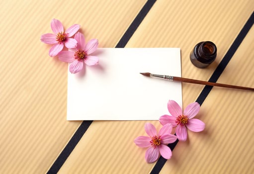 Pink flowers and ink pen on wooden table top view photo