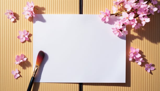 A blank paper with cherry blossom on wooden background photo