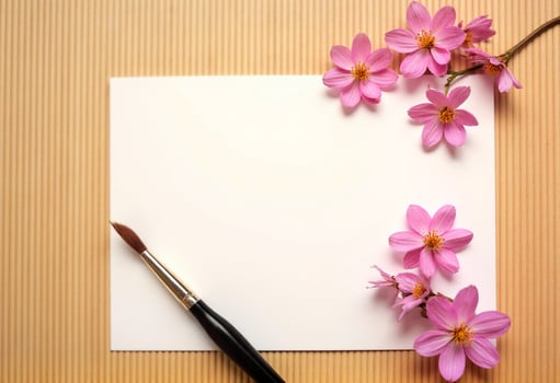 A note with pink flowers and a brush on a wooden surface photo