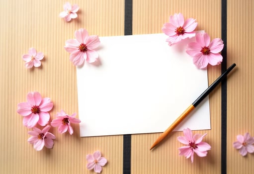 Pink flowers on a wooden table with a blank paper and a pen photo