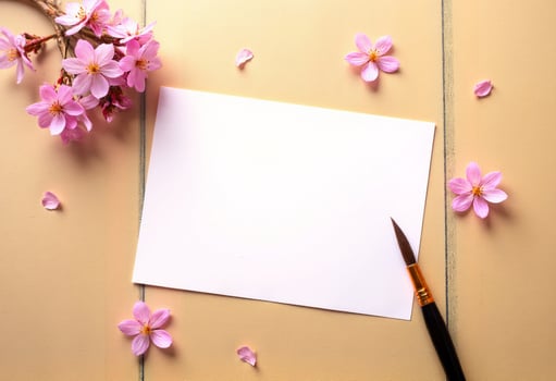 Blank paper and paintbrush on wooden table with cherry blossom photo