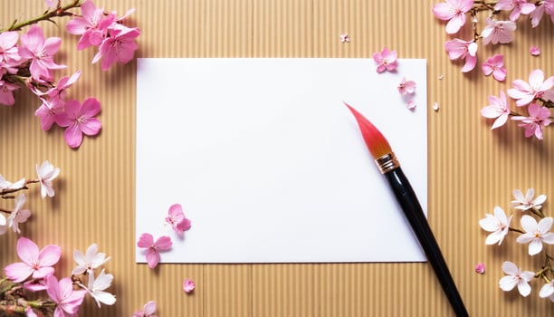 A blank paper with a brush and cherry blossom on a brown background photo