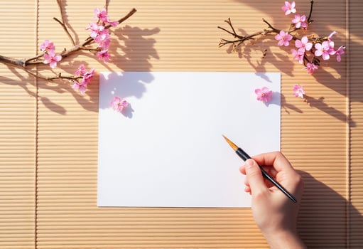 A woman's hand holding a brush and a piece of paper with a cherry blossom photo