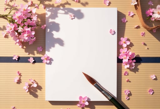 A blank notebook with a brush and cherry blossom flowers on a wooden table photo