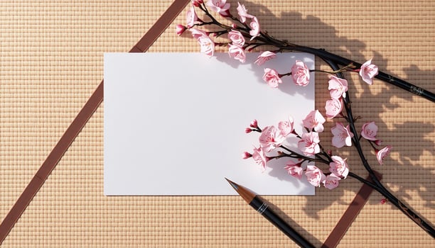 A blank piece of paper and a pair of scissors on a table photo