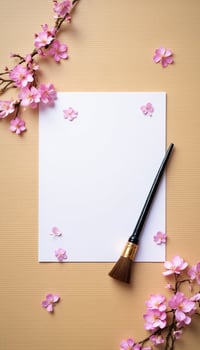 Blank paper with cherry blossom branch and brush on beige background photo
