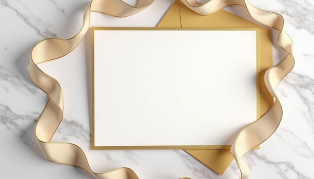 Golden ribbon and blank paper on marble background photo