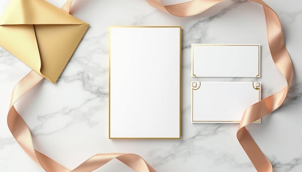 Golden paper and ribbon on marble background photo