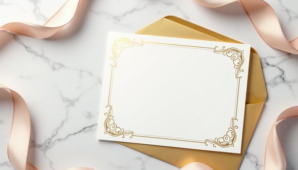An empty white frame with gold ribbon on a marble surface photo