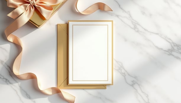 Blank card with gold ribbon and gift box on marble background photo