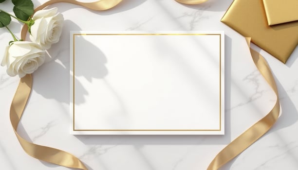 White roses and gold gift box on marble surface photo