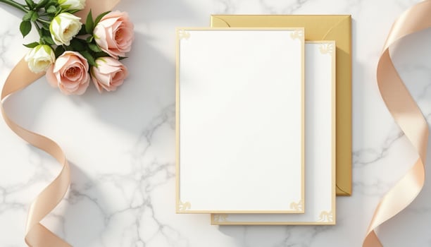 Two blank cards with gold ribbon on a marble surface photo