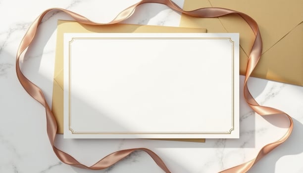 Blank white card with gold ribbon on marble surface photo