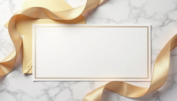 Golden ribbon and blank card on marble background photo