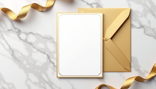 Golden envelope with blank card on marble background photo