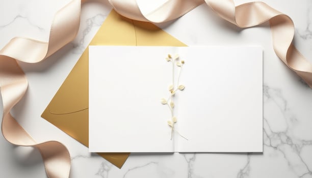 An open white envelope with a gold ribbon and a gold ribbon photo