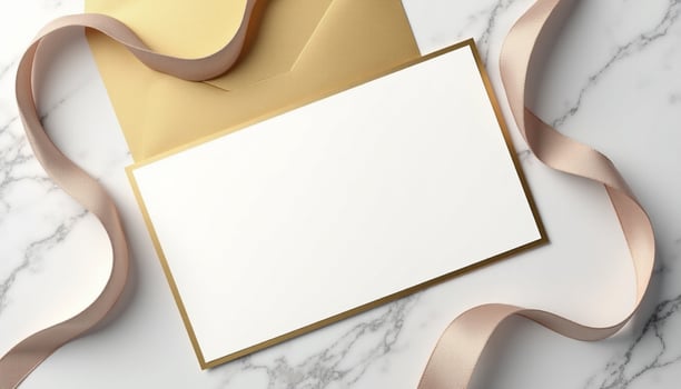 Blank card with gold ribbon on marble background photo